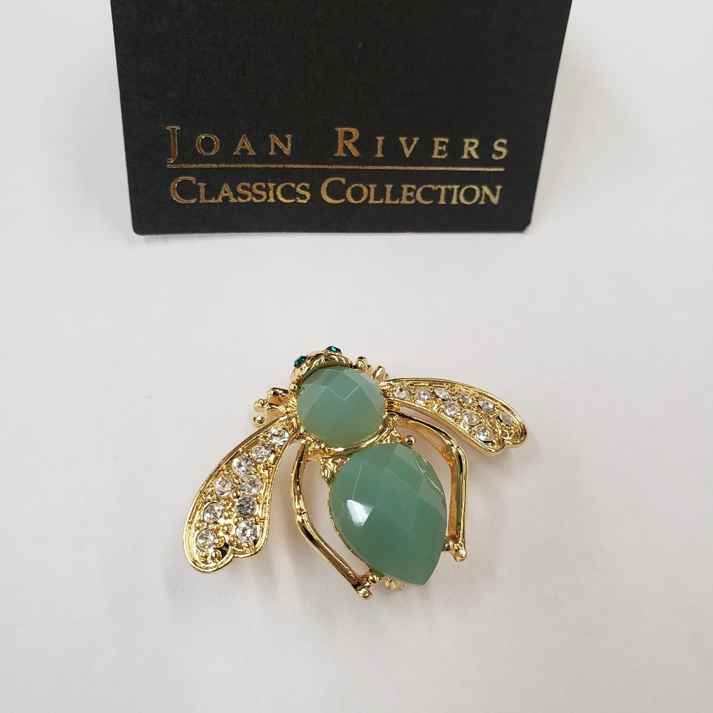 Joan Rivers Vintage Bee Brooch/Pin Simulated Jade Austrian Crystals